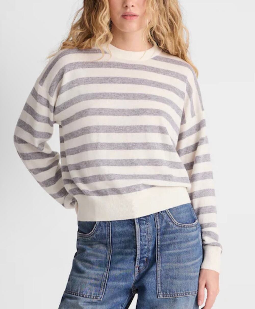 Madewell 100% Cashmere Striped Crewneck Sweater Ivory Gray Size M Quiet Luxury